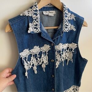 Vintage Handmade Denim Jean Vest w/ Lace Appliqué Fringe